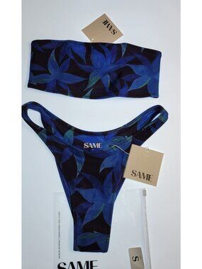 SAME  Bikini Set Size S Women Blue Floral Strapless Top High Cut Bott